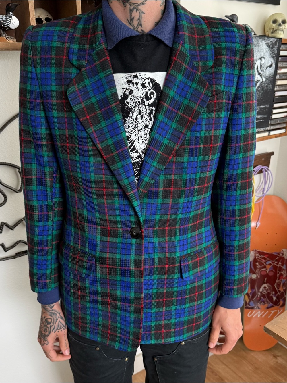 Vintage 90s Plaid Tartan Wool Single Button Blazer ~ Size 8 / M